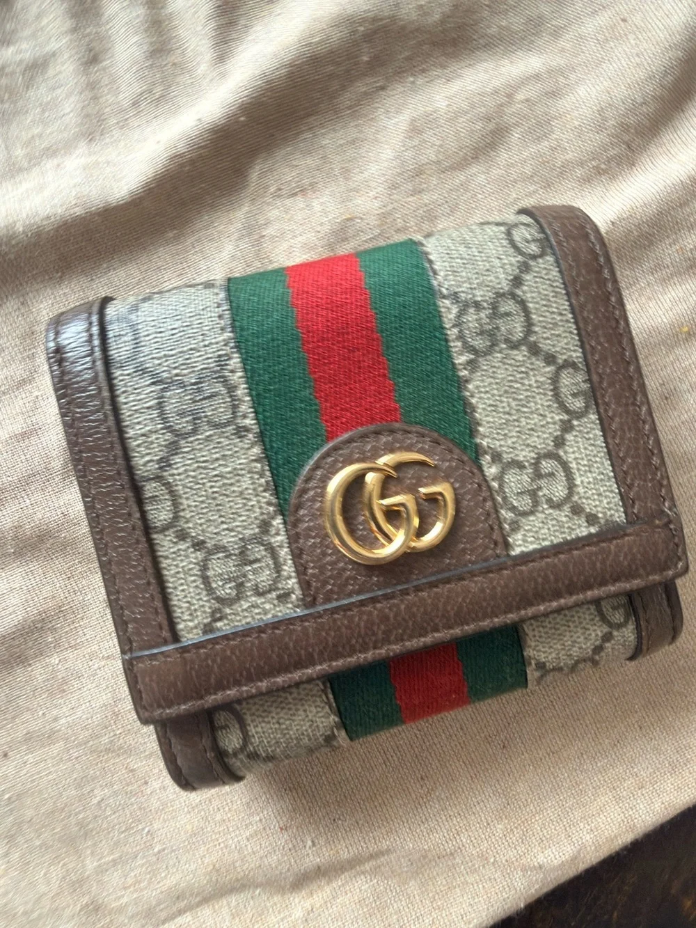 Gucci Brown GG Canvas Wallet with Green and Red Web and Gold GG